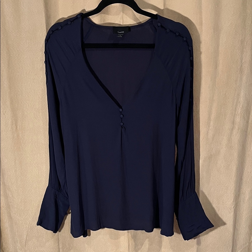 Lumiere Navy V-Neck Button-Trim Long Sleeve Blouse